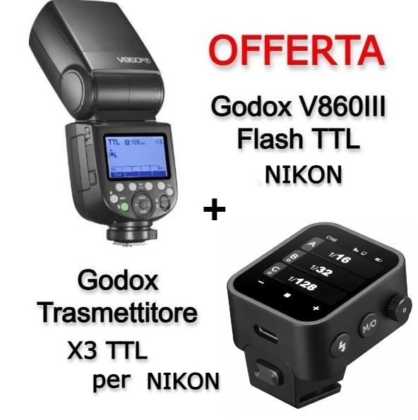 Godox V860III Flash TTL Nikon + Trasmettitore X3 TTL per Nikon