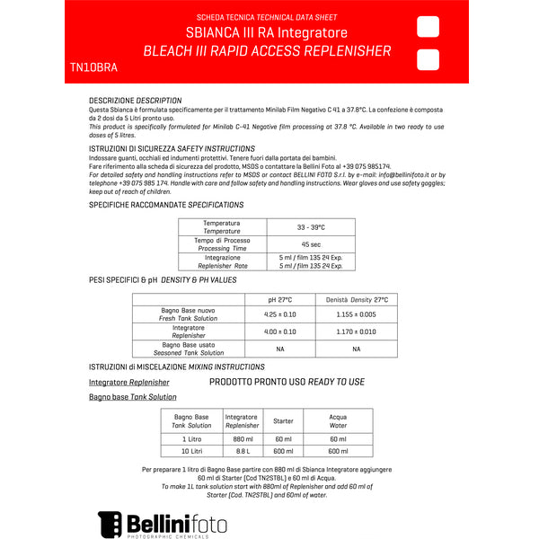 Bellini Chimica TN10BRA Sbianca Film C41  2X5lt