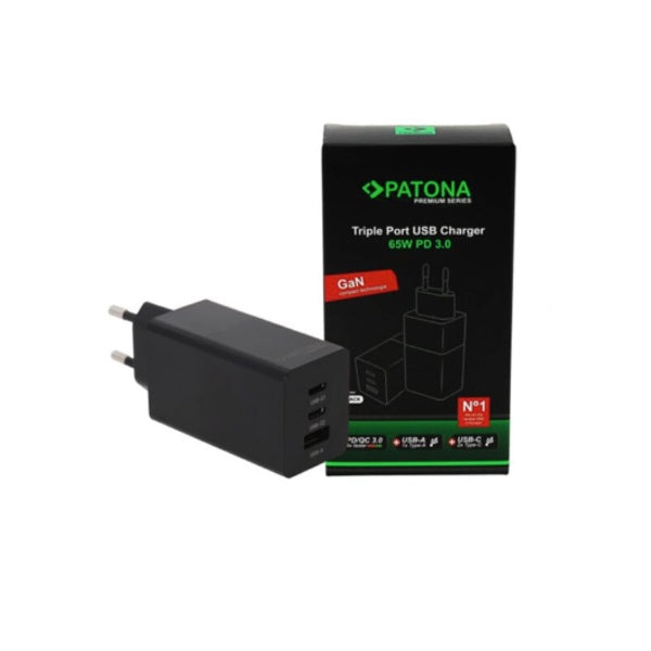 Patona Alimentatore Premium GaN PD65W nero 2xUSB-C 1xUSB-A PD3.0 QC3.0 Nero