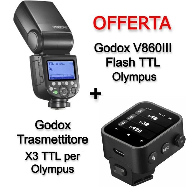 Godox V860III Flash TTL Olympus + Godox Trasmettitore X3 TTL per Olympus